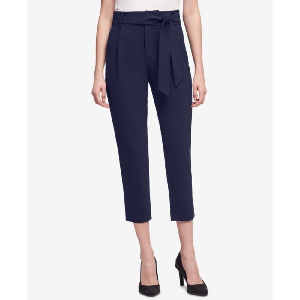 DKNY Women's Paperbag Waist Mid Rise Dress Pants Navy Blue Petite Size 4P